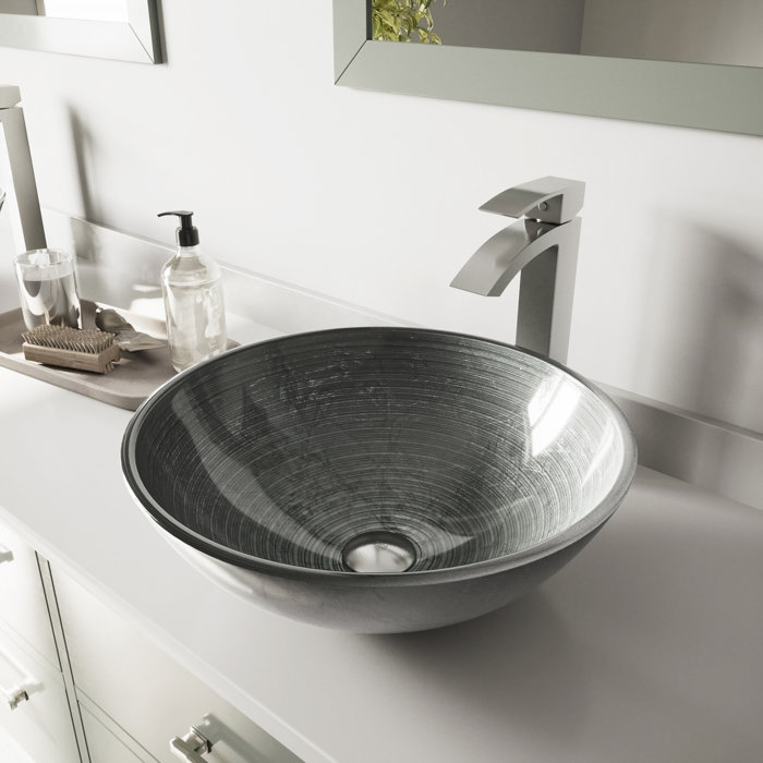 VIGO Simply Gray Tempered Glass Circular Vessel Bathroom Sink with